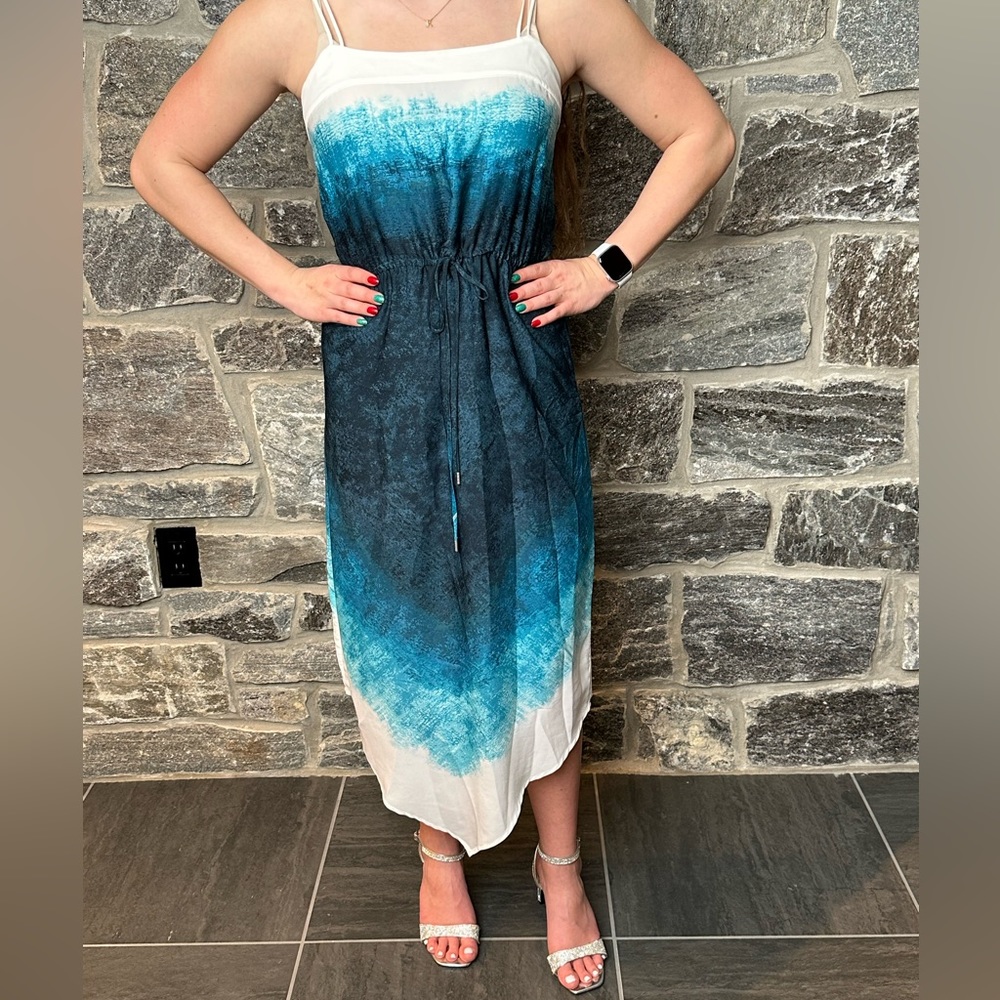 HALSTON Dress (rare) Hankerchief Hemline Shades of Blue Elastic Waist MEDIUM
